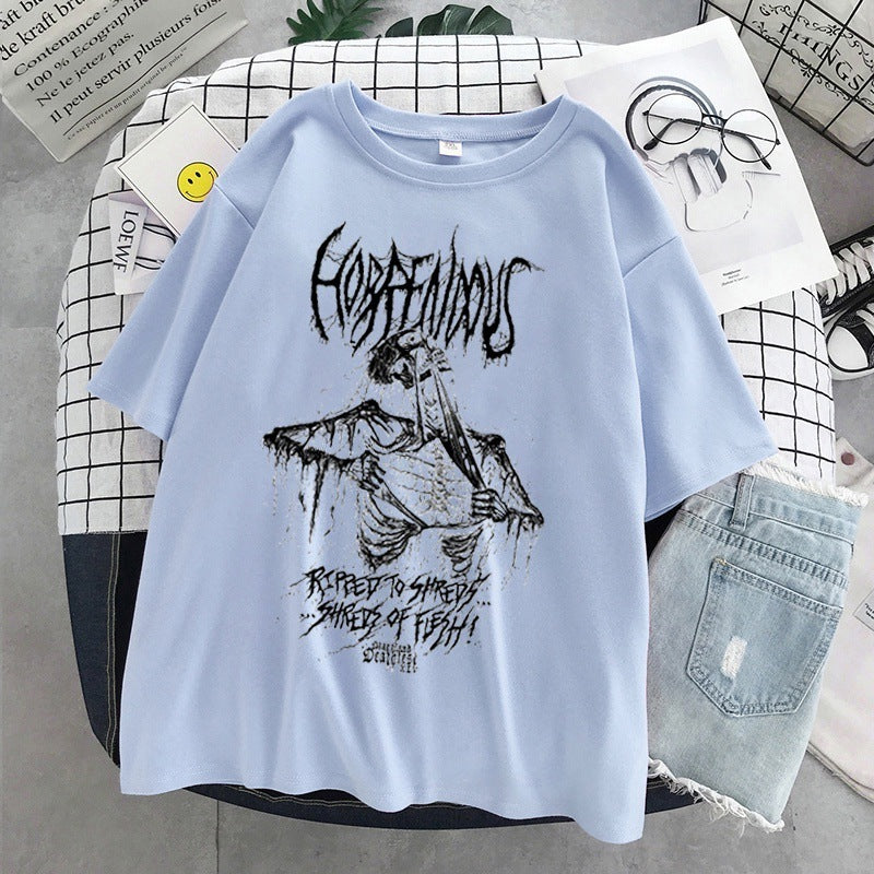 Skull Print Round Neck Loose Short Sleeves T-shirt