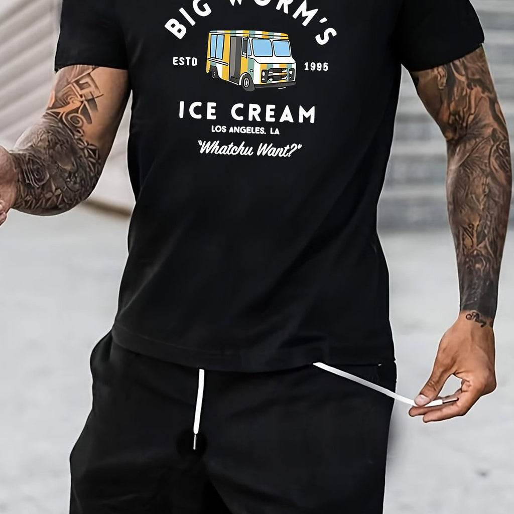 Men's Ice Cream Truck Pattern Printed Round Neck Short Sleeved T-shirt, Casual Summer T-shirt, Suitable For Daily Wear And Vacation Destinations