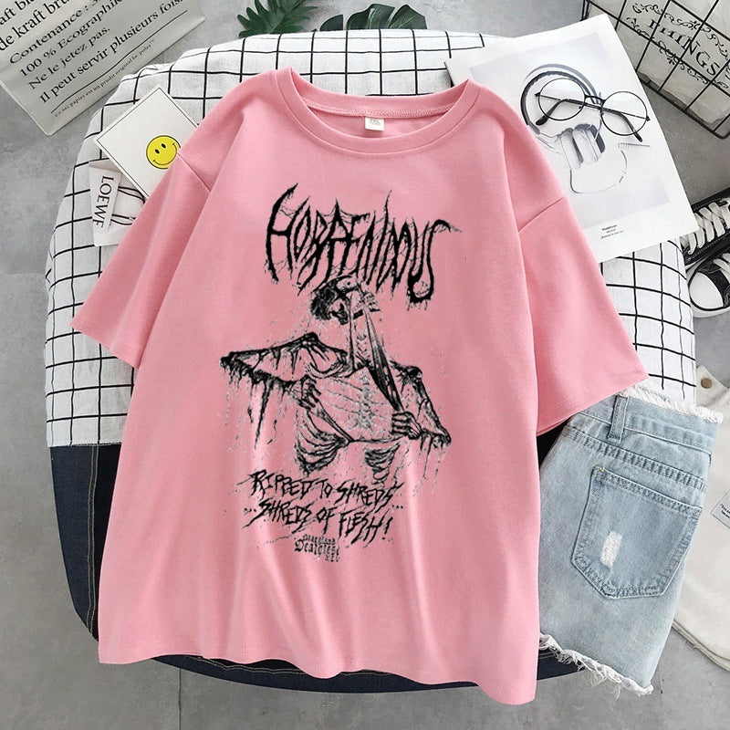 Skull Print Round Neck Loose Short Sleeves T-shirt