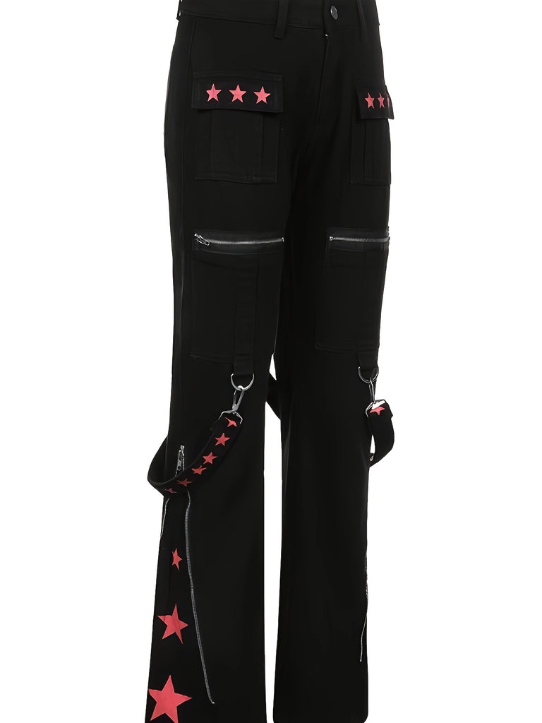 Women's Y2K Gothic Punk Flared Jeans - Sexy Wide Leg Denim with Geometric Pattern & Metal Chain Detail, Cotton Blend, Machine Washable