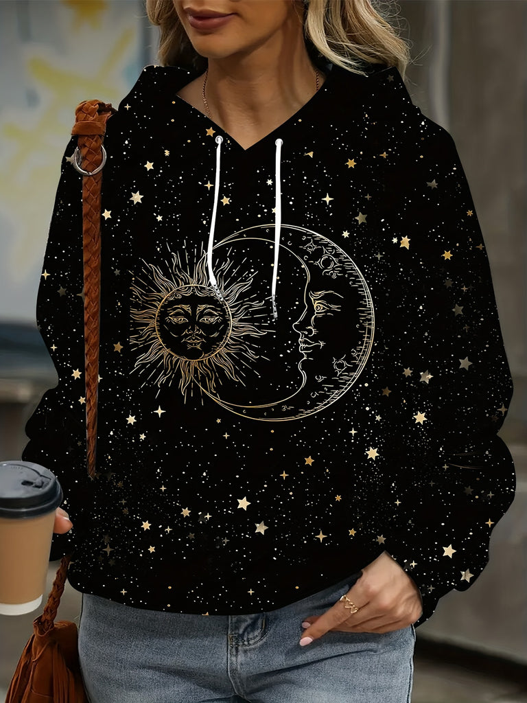 Sun & Moon Print Drawstring Hoodie, Casual Long Sleeve Kangaroo Pocket Sweatshirt For Fall & Winter, Women's Clothing