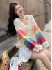 Women's Asian Style Acrylic Knit Cardigan - Fall/Winter Fashion V-Neck Long Sleeve Sweater with Color Block Design and Button Placket