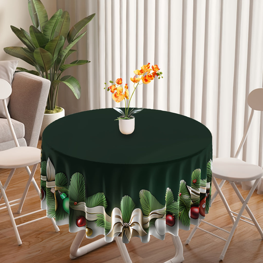 Christmas-Themed Waterproof Round Tablecloth with Green Leaf & Bow Design - 63" Polyester Dining Cover for Indoor/Outdoor Use, Perfect for Parties, BBQs, and Picnics