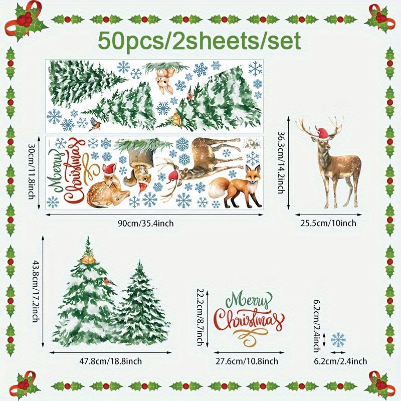 Classic Christmas Wall Stickers 50pcs Set - Watercolor Animals & Snowflakes, PVC Semi-Matte Finish, Self-Adhesive Decals for Glass & Multiple Surfaces, Single-Use Festive Wall Decor