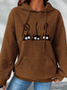 Women's Casual Waffle-Knit Hoodie with Cute Cat Print - Cozy Long Sleeve Pullover, Machine Washable