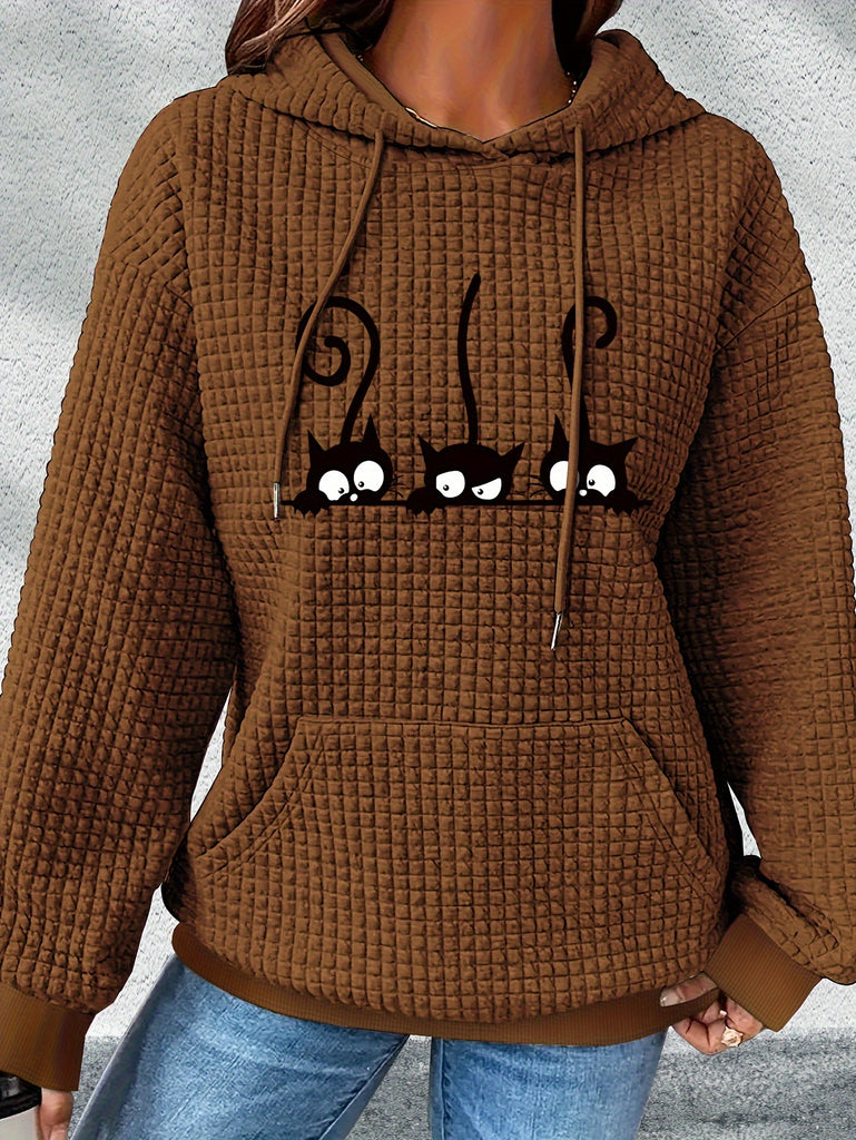 Women's Casual Waffle-Knit Hoodie with Cute Cat Print - Cozy Long Sleeve Pullover, Machine Washable