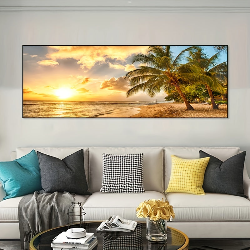 1pc Large Coastal Canvas Ocean View Painting, Modern Palm Tree Wall Art, Frameless Sunset Oil Painting for Living Room Decoration