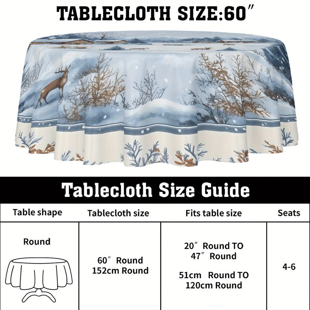 Winter Wonderland Polyester Round Tablecloth - Machine Woven 100% Polyester Fabric, Fits Tables up to 60 Inches for Christmas Season Decor, 1Pc