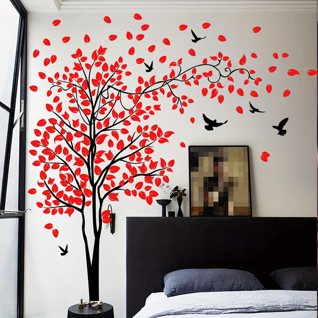 Contemporary Red Leaves and Birds Tree Wall Decal Set, 4pcs Vinyl Self-Adhesive Wall Stickers, PVC Plant Mural for Living Room Bedroom Decor (MS1643-YY)