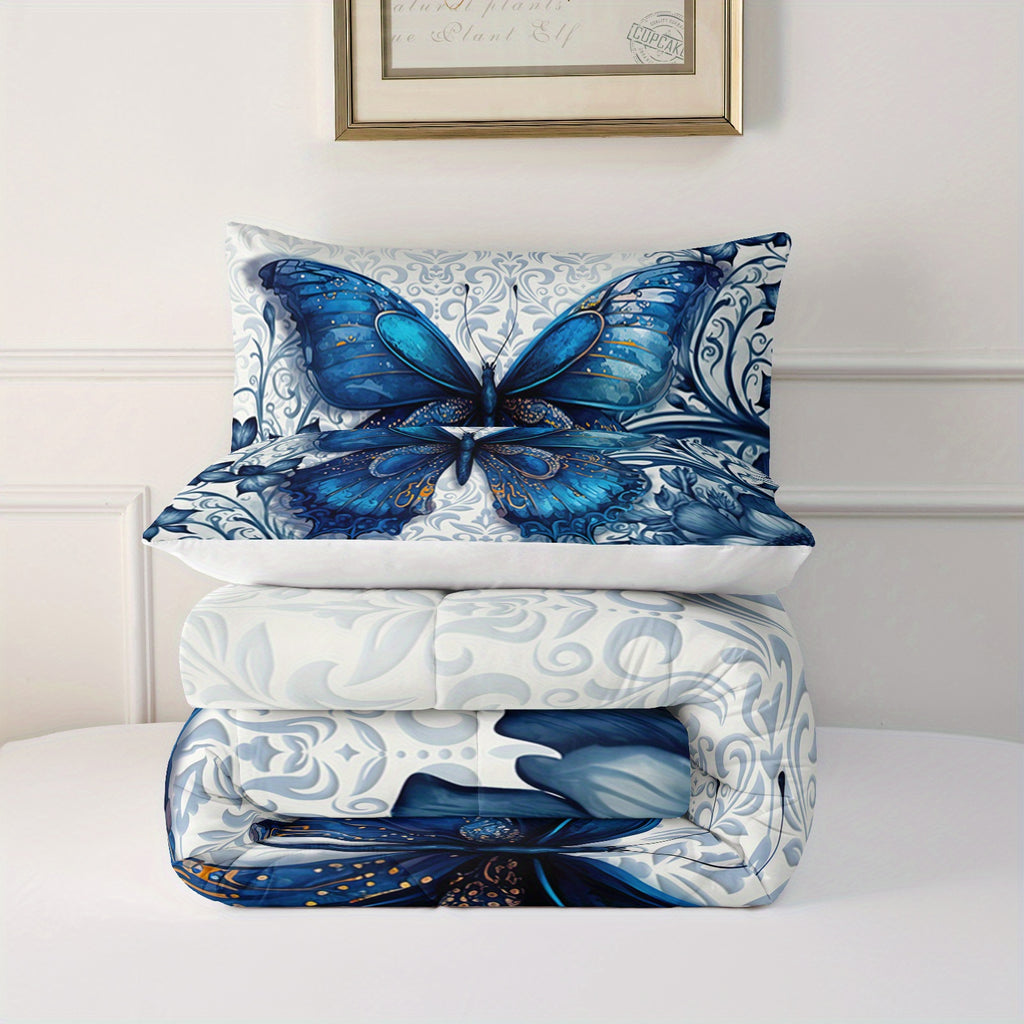 1 Set Blue Butterfly Comforter Set - Soft & Cozy Polyester Microfiber Bedding with 1 Comforter and 2 Pillowcases, Machine Washable, Digital Print, Woven Sanded Fabric, 95gsm - Elegant Room & Bedroom Decor