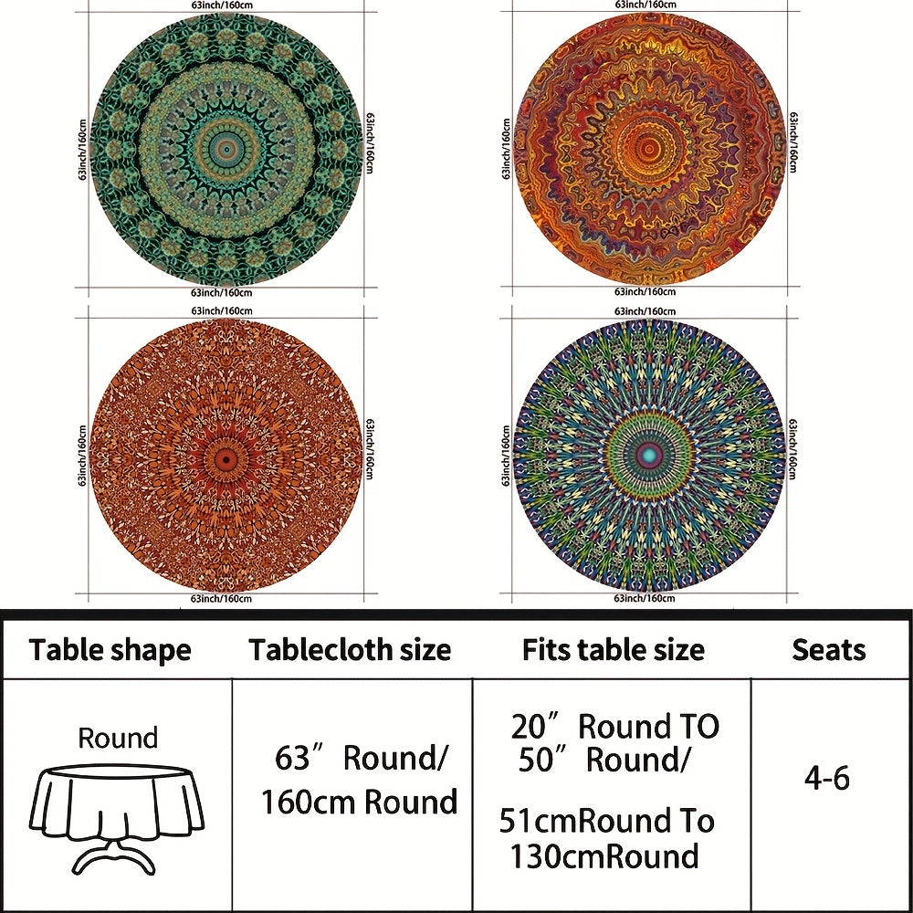 1pc Bohemian Chic Round Polyester Tablecloth - Waterproof, Stain-Resistant, and Easy-to-Clean - Multi-Purpose Decor for Indoor and Outdoor Spaces, Picnics, Barbecues, and Room Decor