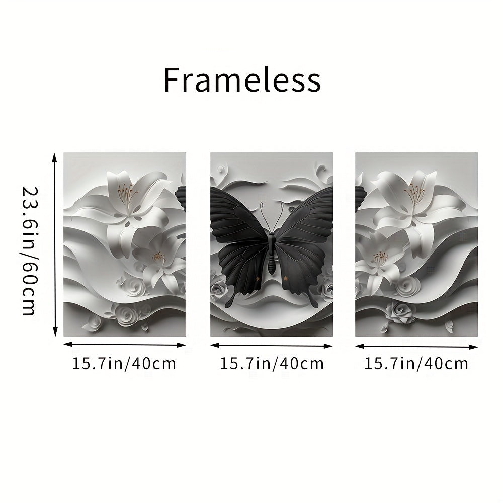 3-Piece Modern Canvas Wall Art Set – Black Butterfly & White Floral Sculptures – Frameless Posters & Prints for Living Room, Home Office, Classroom – Indoor Decor, Transverse Orientation, Art Print Poster