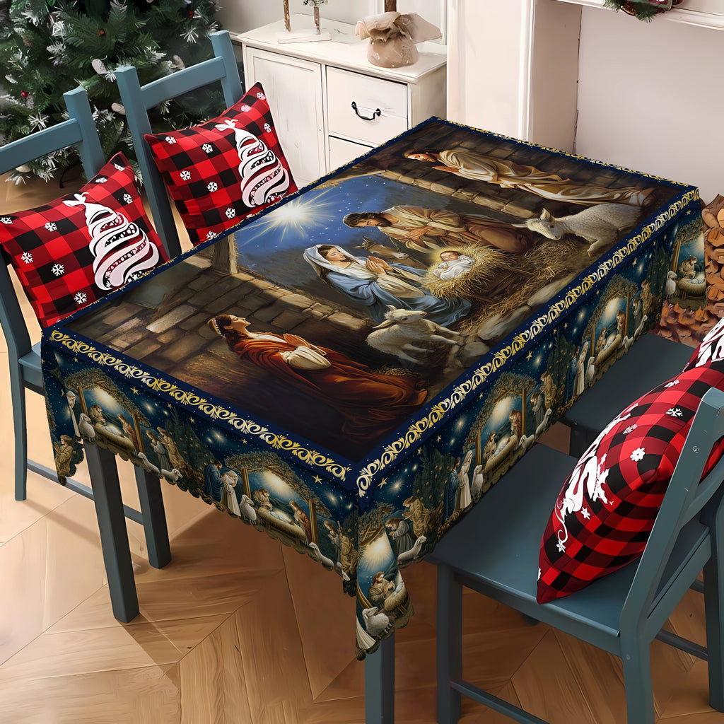 Festive Christmas Tablecloth: The Birth of Jesus Design, Polyester, Waterproof, Wrinkle Resistant, Machine Washable, Scalloped Edge, Suitable for Xmas Party, Picnic, Cafe, Home