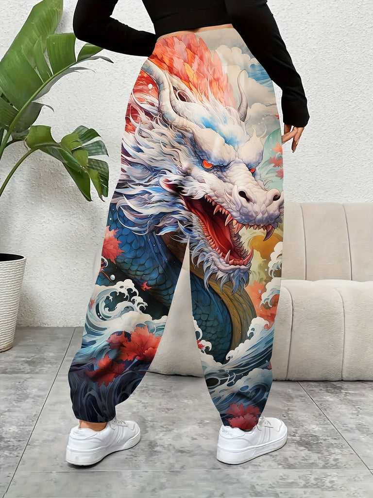 Cartoon Dragon Print Fitted Bottom Joggers, Casual Drawstring Waist With Pockets Sporty Pants For Spring & Summer, Women's Clothing