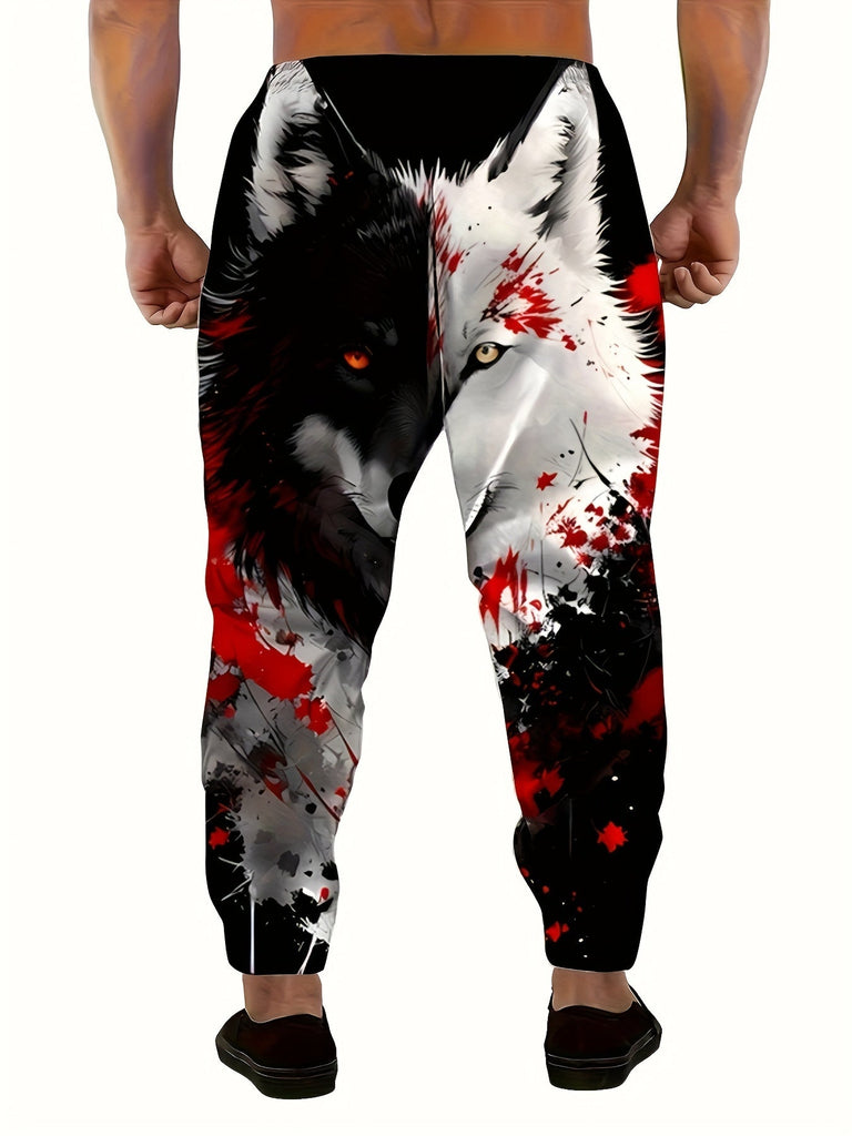 Men's 3D Wolf Print Casual Joggers - 100% Polyester Knit Fabric, Regular Fit, All Over Graphic Design, Slight Stretch - For Men - Suitable for Casual Wear, Sports & Loungewear - Great Gift for Fashionable Guys