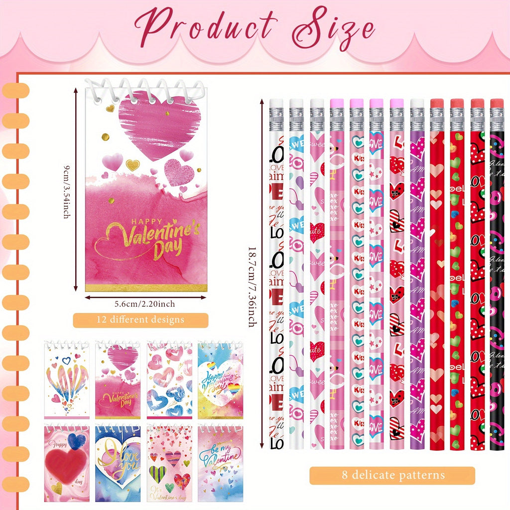 48 Pcs Valentines Day Stationery Set Mini Valentine Spiral Notepad Valentine's Day Pencil Valentines Spiral Notebooks Valentine Gift for Exchange Gifts Party Favors (Elegant Style)