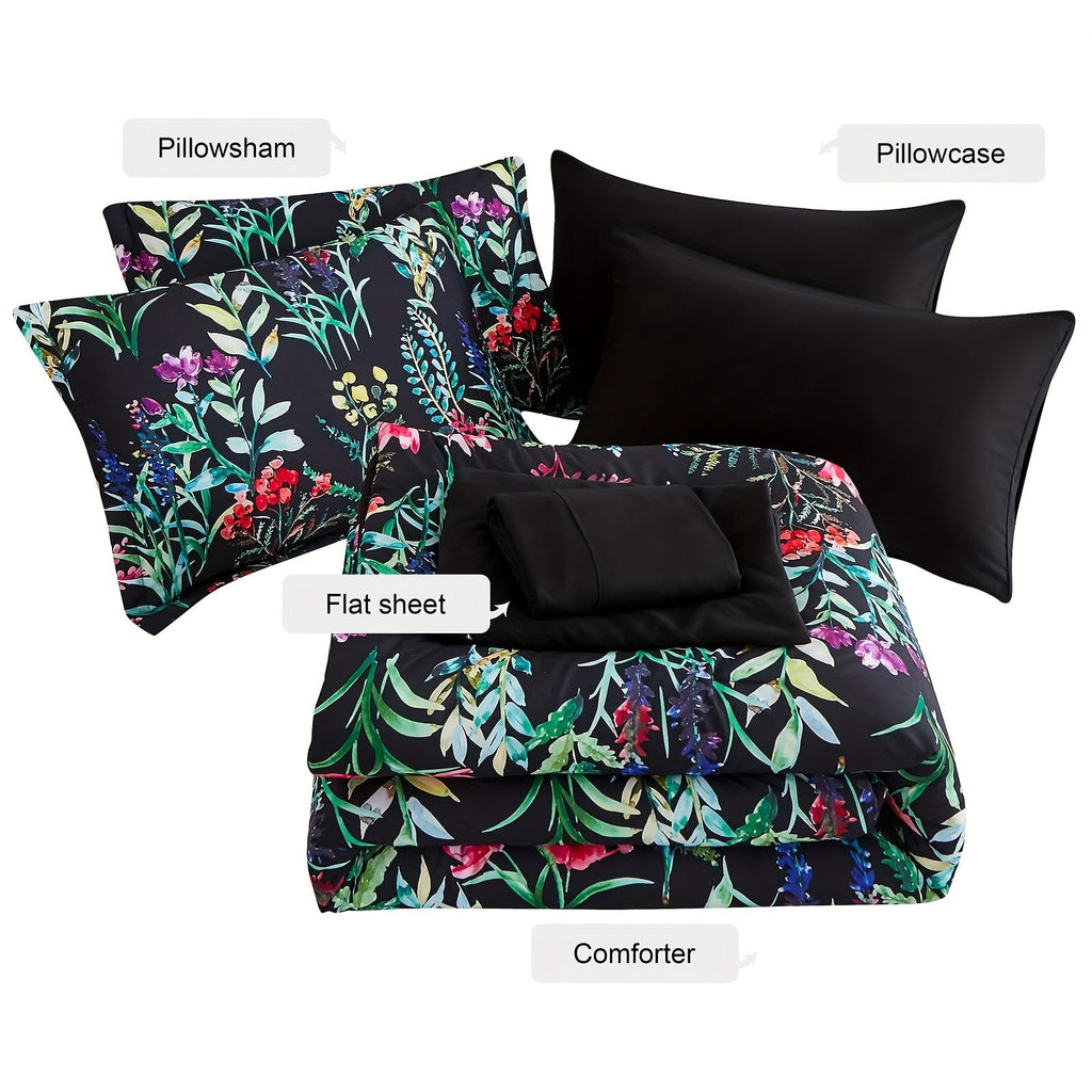 7 Piece Bed In A Bag Floral Comforter Set, Botanical Flowers Comforter And Sheet Set, (Dark Floral, Queen)