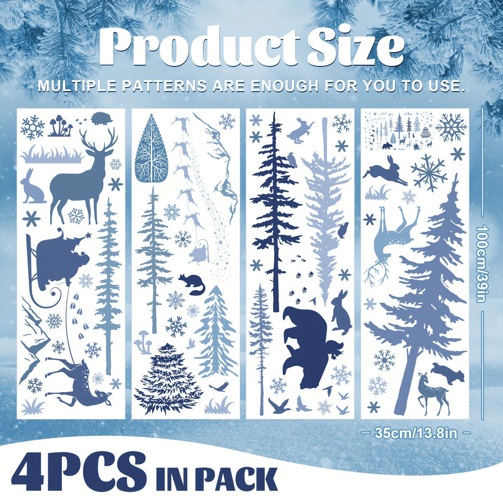 4 Sheets Christmas Wall Stickers Roll Winter Scene Blue Floor Decals Forest Animals Prints Waterproof Art PVC Plastic Window Decor for Xmas DIY Home Party