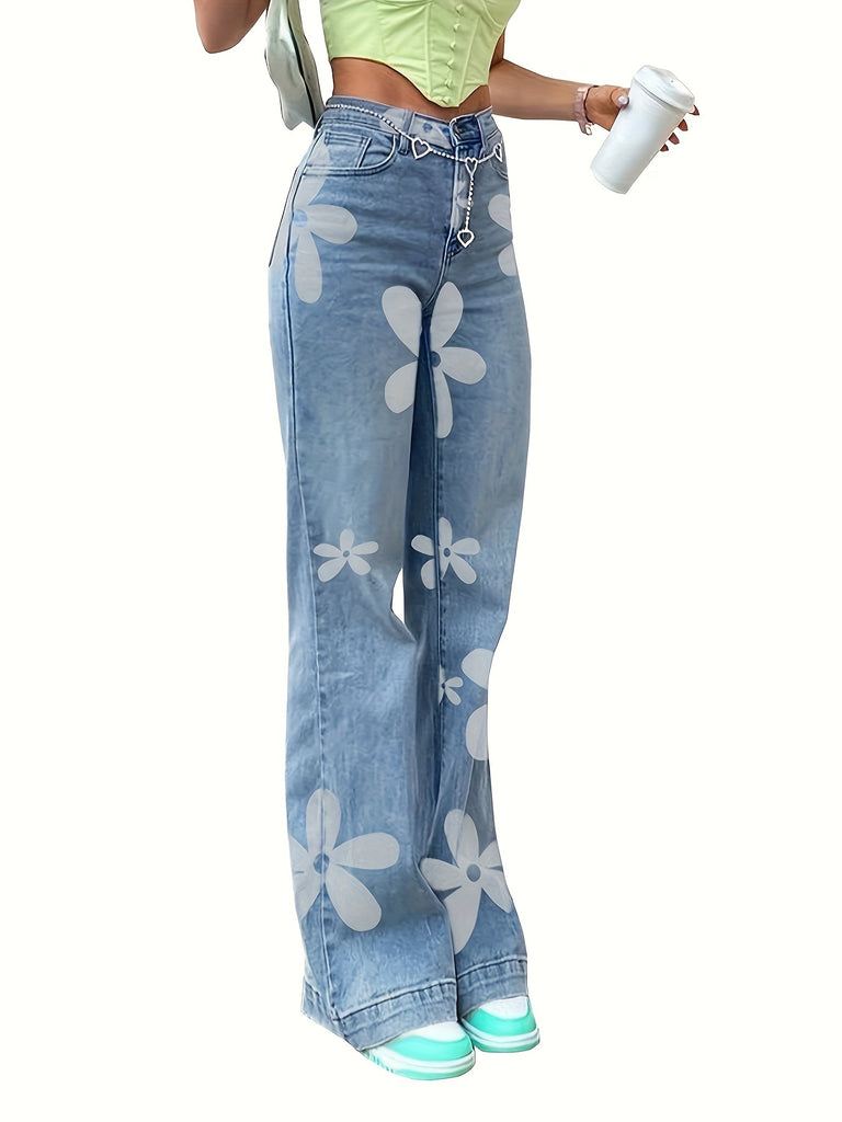 Women's Flower Print Y2K Fashion Wide Leg High Waist Denim Pants Boyfriend Jeans Loose Fit Vintage Jeans For Teen Girls