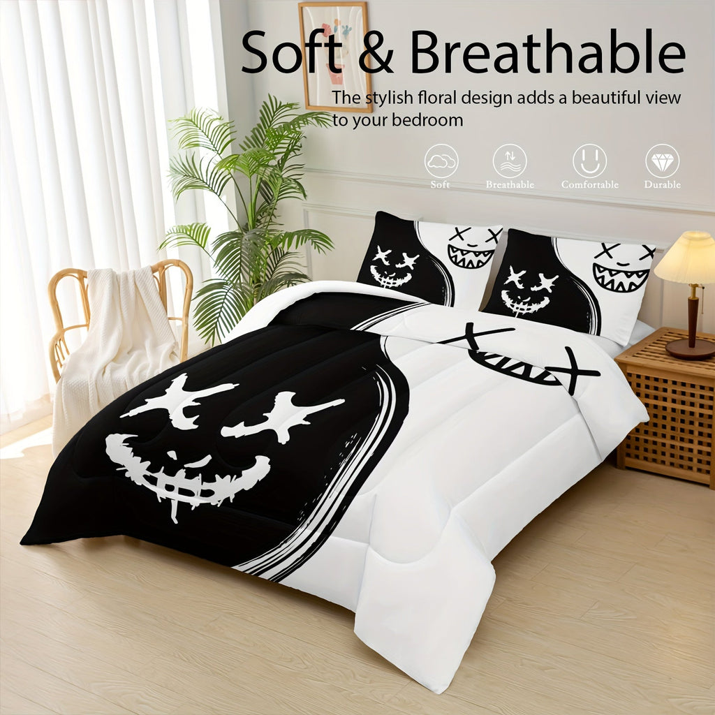 3 Piece Black And White Puzzle Comforter Set, Cartoon Anime Bedding, Cartoon Gothic Bedroom Decor (1 Comforter + 2 Pillowcases), Comforter For All Seasons, Soft, Comfy And Breathable Printed Bedding For Home Dorm Decoration