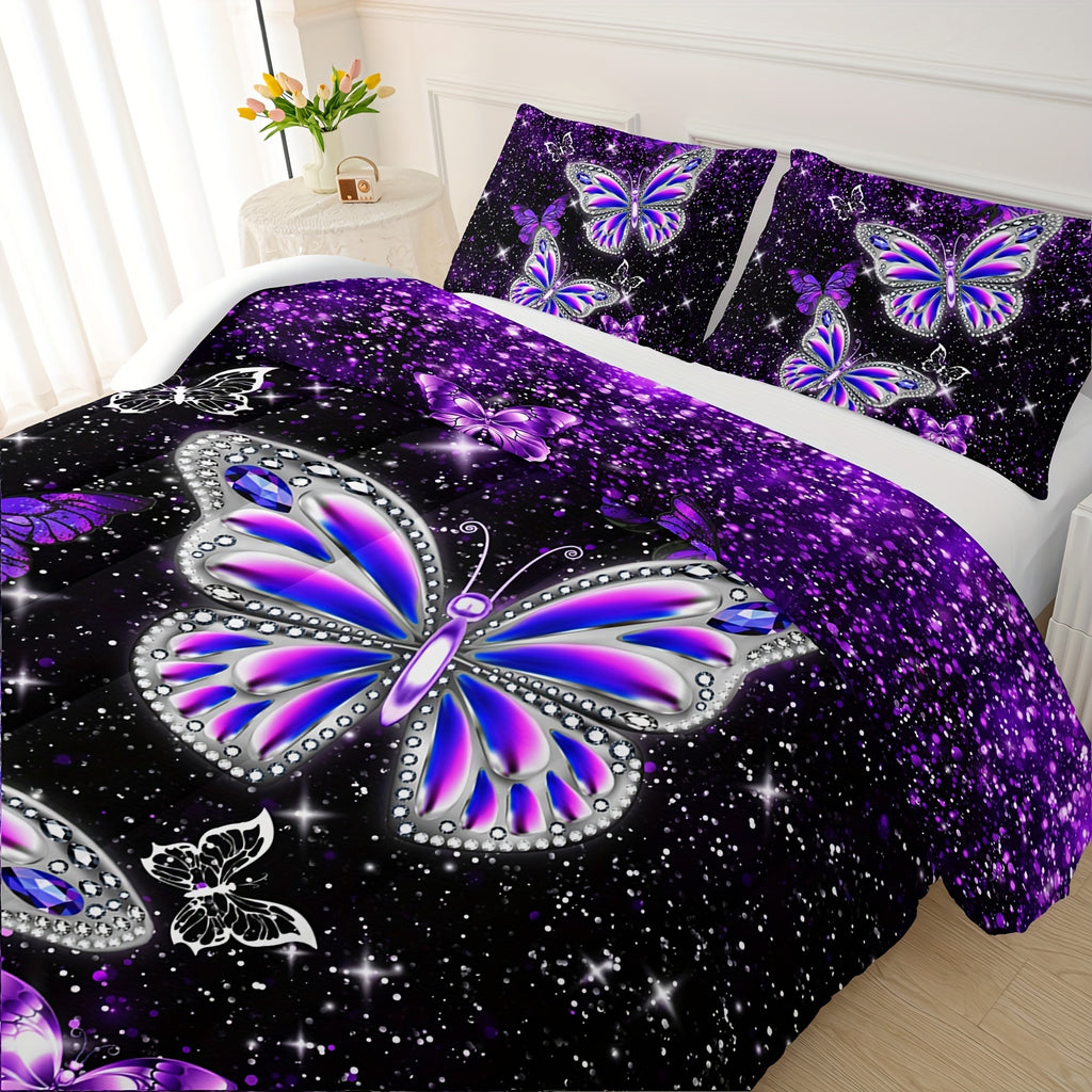 Purple Butterfly Quilt Set, Purple Starry Sky Galaxy Duvet Sets, Creative Design Printed Bedding, Bedroom Decoration Duvet Set (1*Comforter + 2*Pillowcase, Without Core)