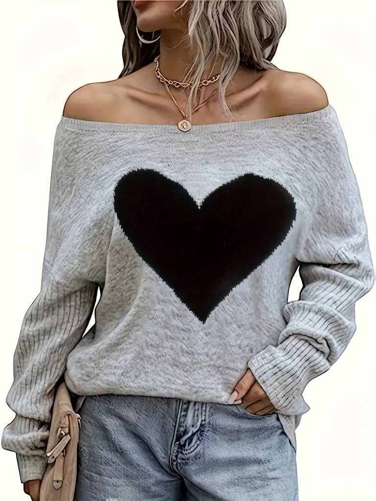 Heart Pattern Drop Shoulder Long Sleeve Sweater for Women, Casual Fall & Winter Cozy Knitwear