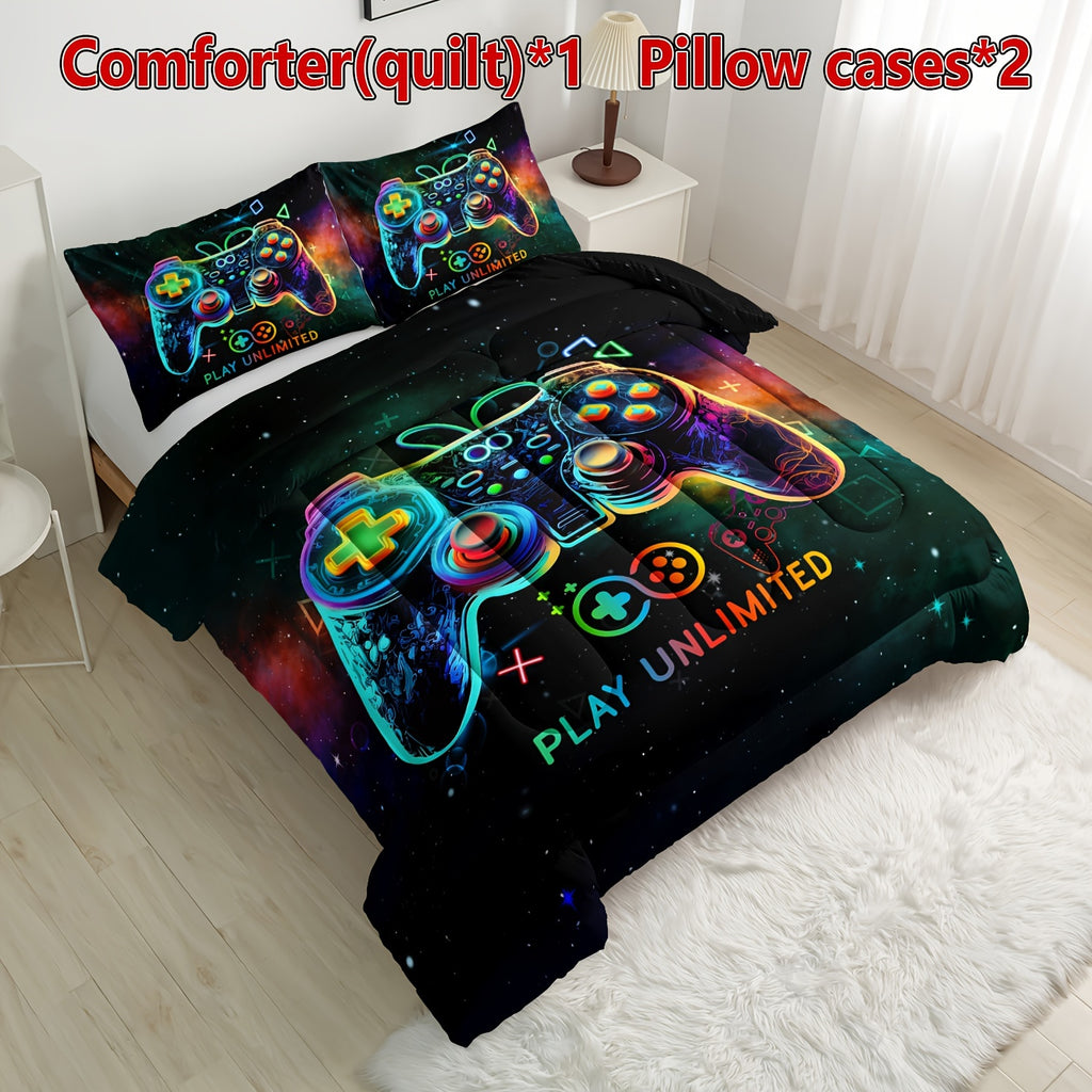 3pcs Cool Gamepad Quilt Set (1 Quilt + 2 Pillowcases, Pillows Not Included), Four Seasons Quilted Soft Comfortable Breathable Printed Bedding For Home Dorm Decor