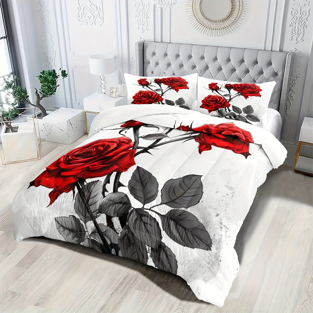 Red Rose Comforter Set Queen Blooming Flower Bedding Set For Girls Chic Aesthetic Soft Comforter With 2 Pillowcases