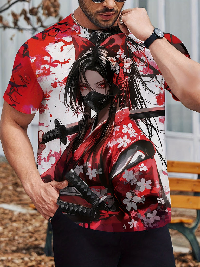 Men's Short Sleeve Round Neck T-shirt with Cherry Blossom Under Cold Female Warrior Print