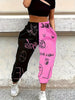 Women's Split Contrast Color Jogger Track Pants with Pockets, Casual Knit Polyester Spandex Blend, Graphic Alphabet Print, Elastic Cuff, Stretch Fit, All Season Sports Pants