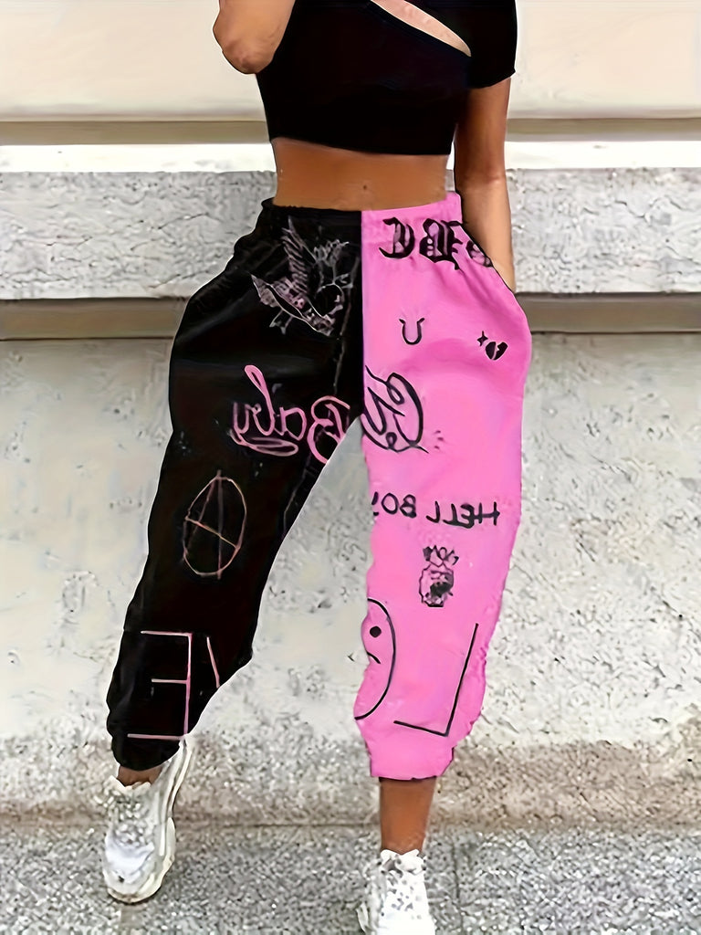 Women's Split Contrast Color Jogger Track Pants with Pockets, Casual Knit Polyester Spandex Blend, Graphic Alphabet Print, Elastic Cuff, Stretch Fit, All Season Sports Pants