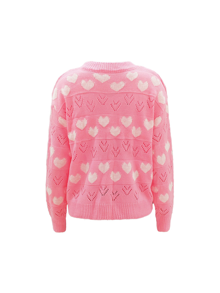 Valentine's Day Heart Pattern Knit Sweater, Casual Long Sleeve Pullover Sweater, Women's Clothing