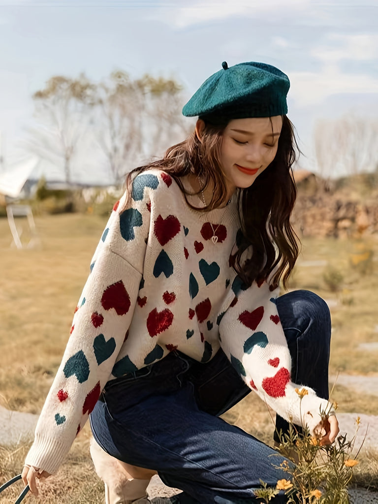 Heart Pattern Drop Shoulder Sweater, Casual Long Sleeve Sweater For Winter & Fall, Women's Clothing