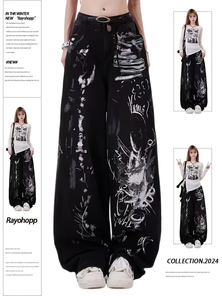 Women'S Hand-Painted Loose Jeans - Casual Black & White Sketch Print Wide Leg Denim Pants, Non-Stretch Fabric, with Applique Detail, for All-Season Vintage Inspired Artistic Pattern