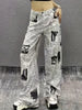 Women's High-Waist Newspaper Print Jeans - Denim Cotton Blend Street Style Straight Leg Trousers with Pockets, Elastic Fabric, Boot Cut Long Pants for Going Out, Spring/Summer/Autumn/Winter - Tu bu yin he