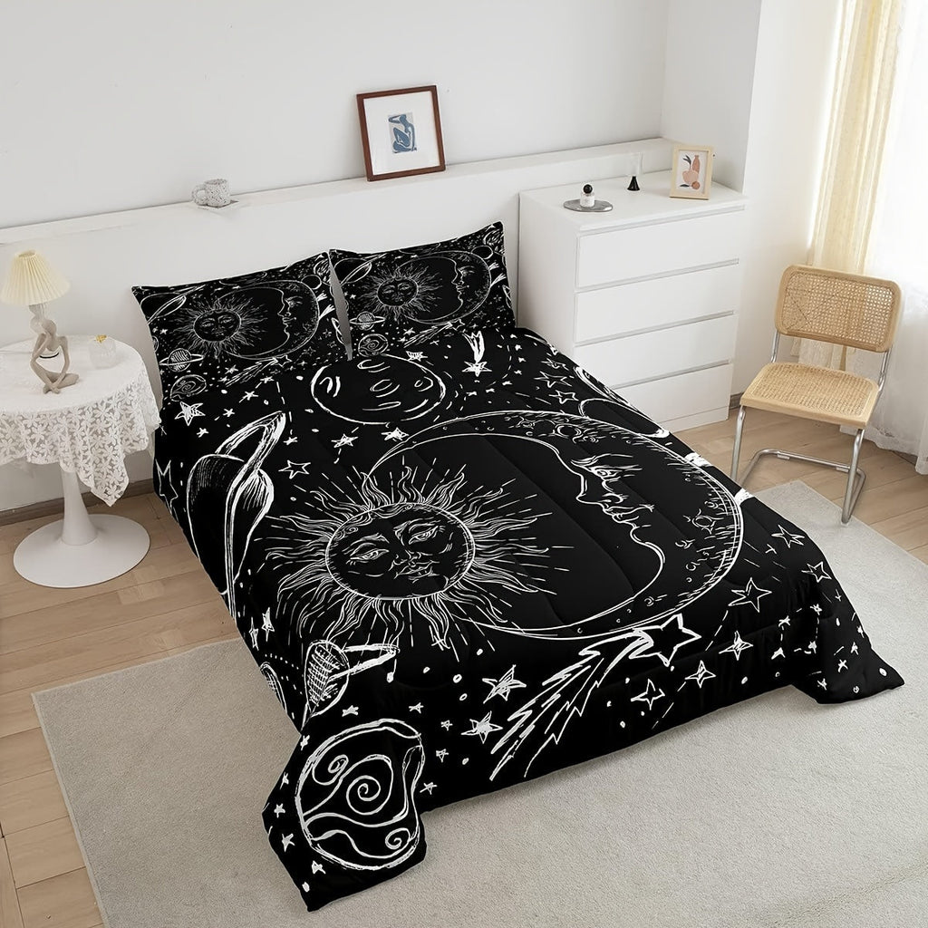 2/3Pcs Sun And Moon Bedding Set, Bohemian Style Comforter Set For Men Women, Galaxy Comforter Cosmic Celestial Quilt Set 1 Comforter With 1/2 Pillowcase, Room Dormitory Decor, All Season Lightweight Soft Warm, Christmas Gifts Decoration Ornaments