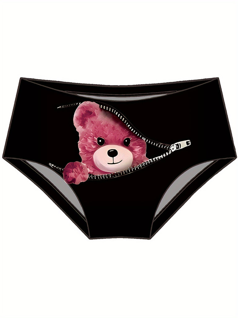 Glam Seamless Bikini Panties Set of 3, Polyester Elastic Breathable Quick-Dry, Cartoon Bear and Lips Zipper Print, Knit Fabric Women'S Low Waist Underwear with Lining