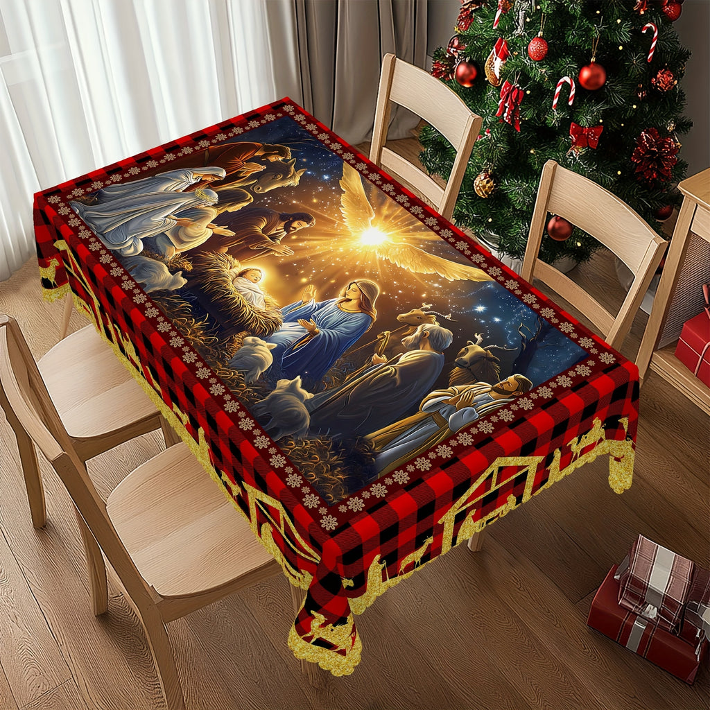 Merry Christmas Tablecloth - Nativity Scene Design, Waterproof & Wrinkle-Free Polyester, Embossed Edges, Round or Rectangle Shape - Perfect for Holiday Dining & Decor