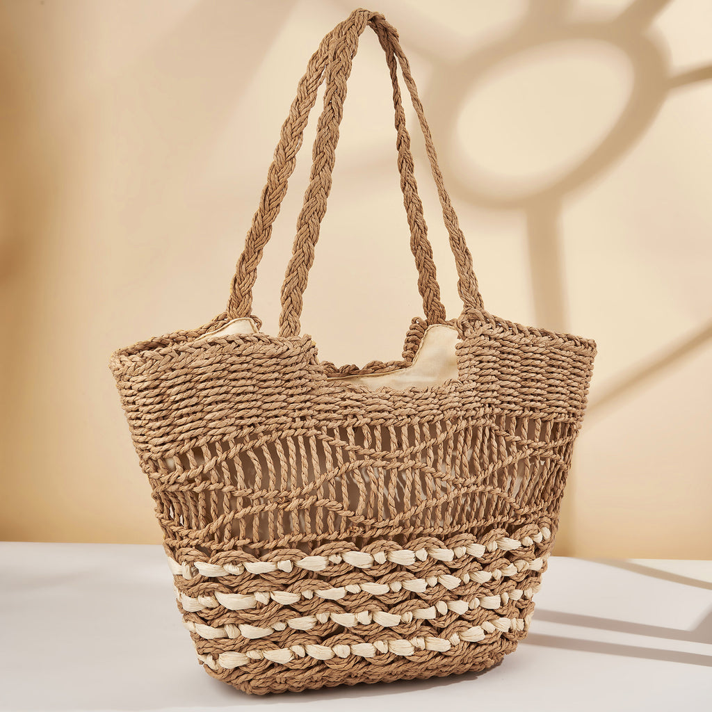 Hollow Pattern Straw Handbag Beach Shoulder Woven Bag
