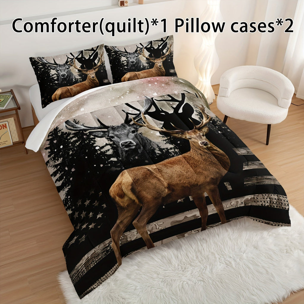 3pcs Fashion Comforter Set (1 * Comforter + 2 * Pillowcase, No Core), Vintage Hunting Theme Forest Deer American Flag Print Bedding Set, Soft And Comfortable Skin-friendly For Bedroom, Guest Room