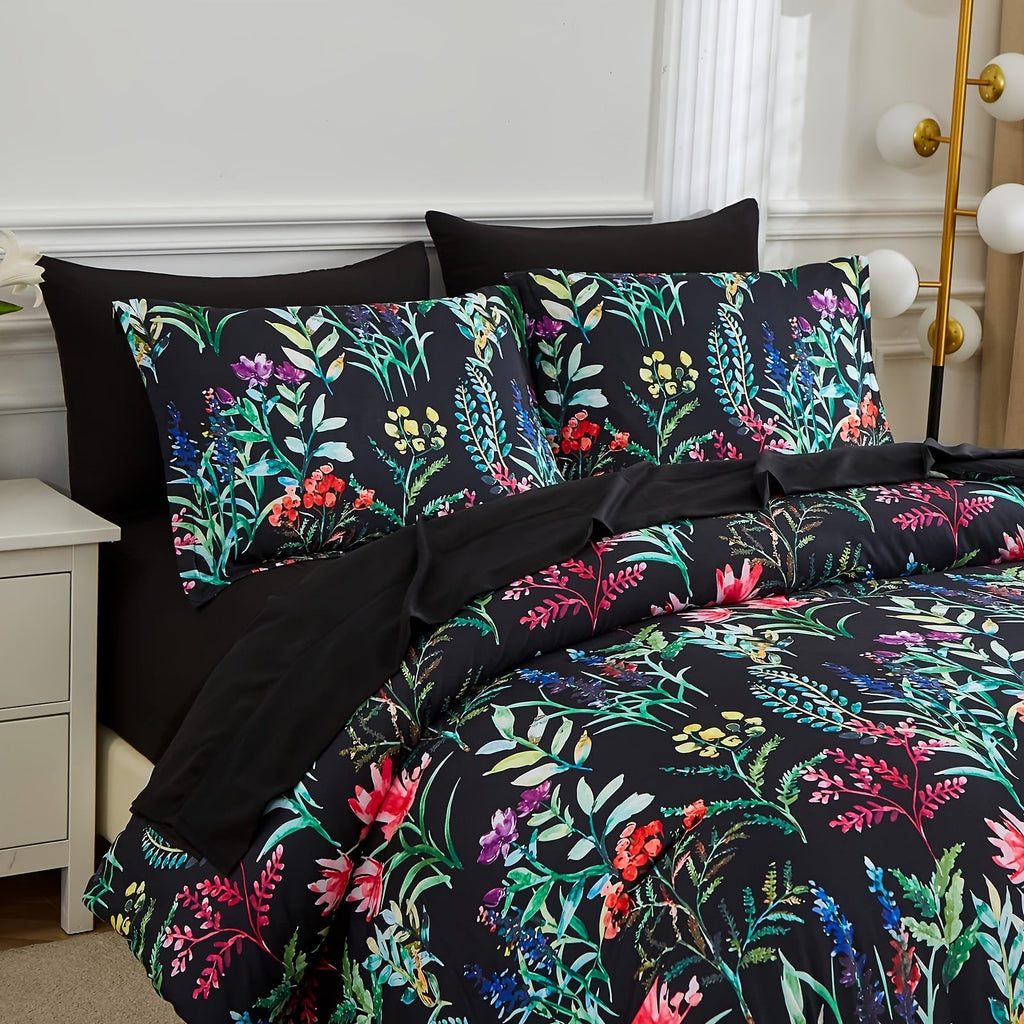7 Piece Bed In A Bag Floral Comforter Set, Botanical Flowers Comforter And Sheet Set, (Dark Floral, Queen)