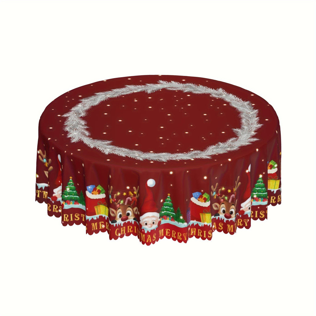 Christmas Cheer Tablecloth - Cute Reindeer & Santa Design, Snowflake & Pine Patterns with Embossed Edges, Stain-Resistant Polyester, Perfect for Holiday Parties, Home Decor, and Outdoor Picnics Holiday Decorations