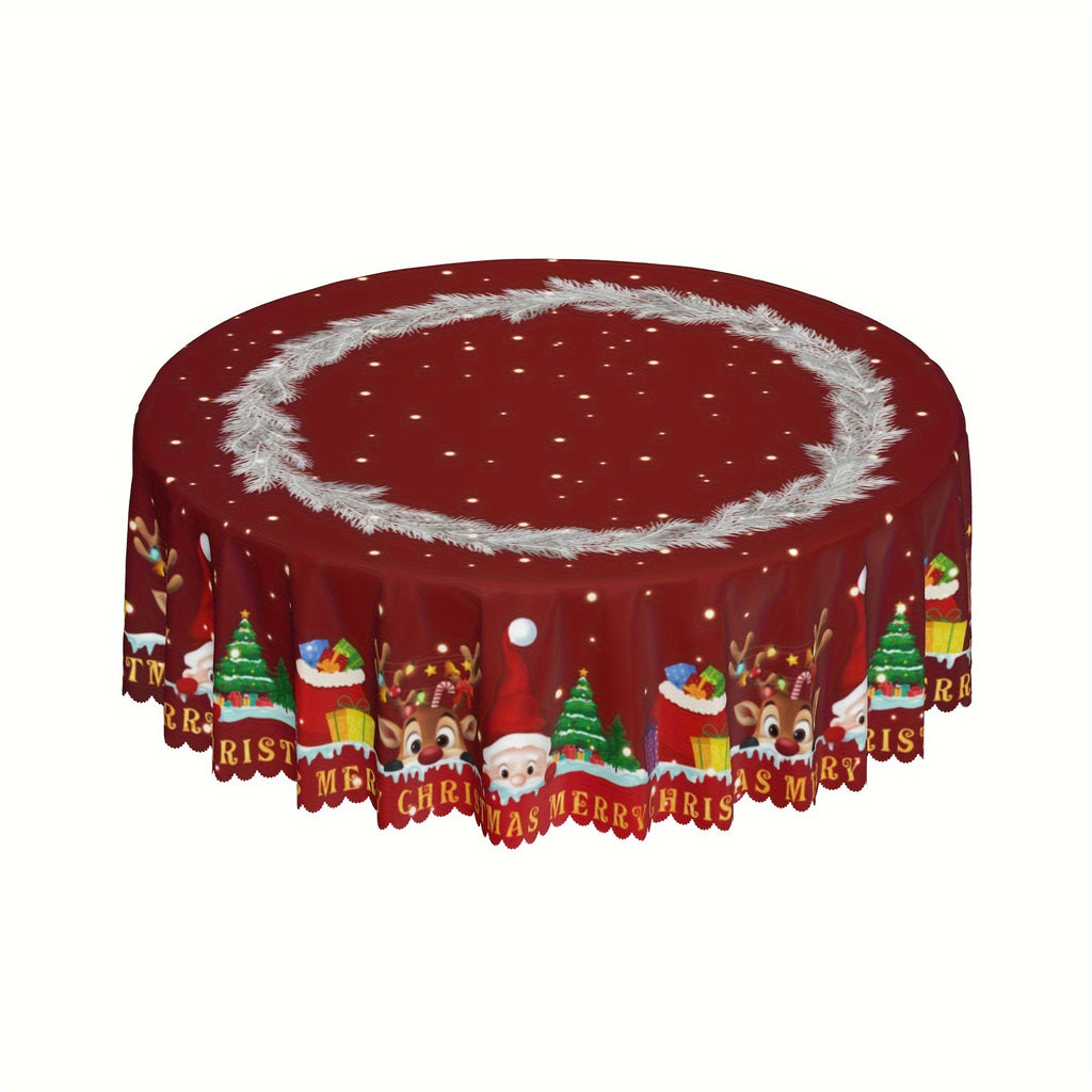 Christmas Cheer Tablecloth - Cute Reindeer & Santa Design, Snowflake & Pine Patterns with Embossed Edges, Stain-Resistant Polyester, Perfect for Holiday Parties, Home Decor, and Outdoor Picnics Holiday Decorations
