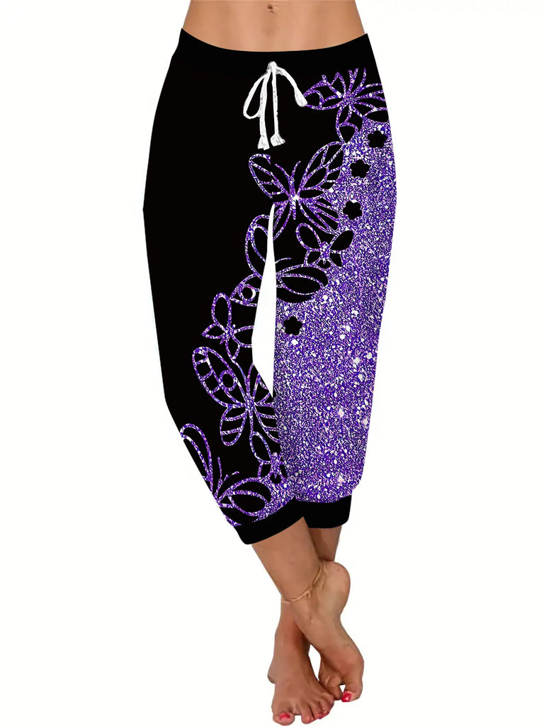 Butterfly Print Drawstring Jogger Pants, Casual High Waist Pocket Pants - Lightweight & Breathable Fabric - For Spring & Summer - Women's Clothing - Perfect for Casual Wear & Loungewear