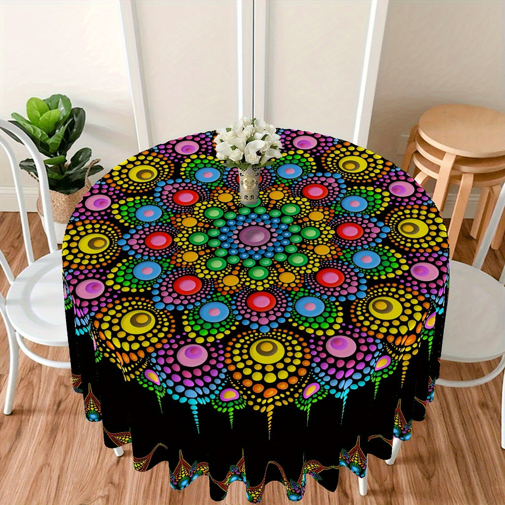 Vibrant Polka Dot Mandala Tablecloth - 63" Round Polyester Table Cover, Machine Woven with Waterproof Weave, Artistic Tapestry Wall Hanging for Indoor Dining, BBQ & Picnic - Psychedelic Colorful Design