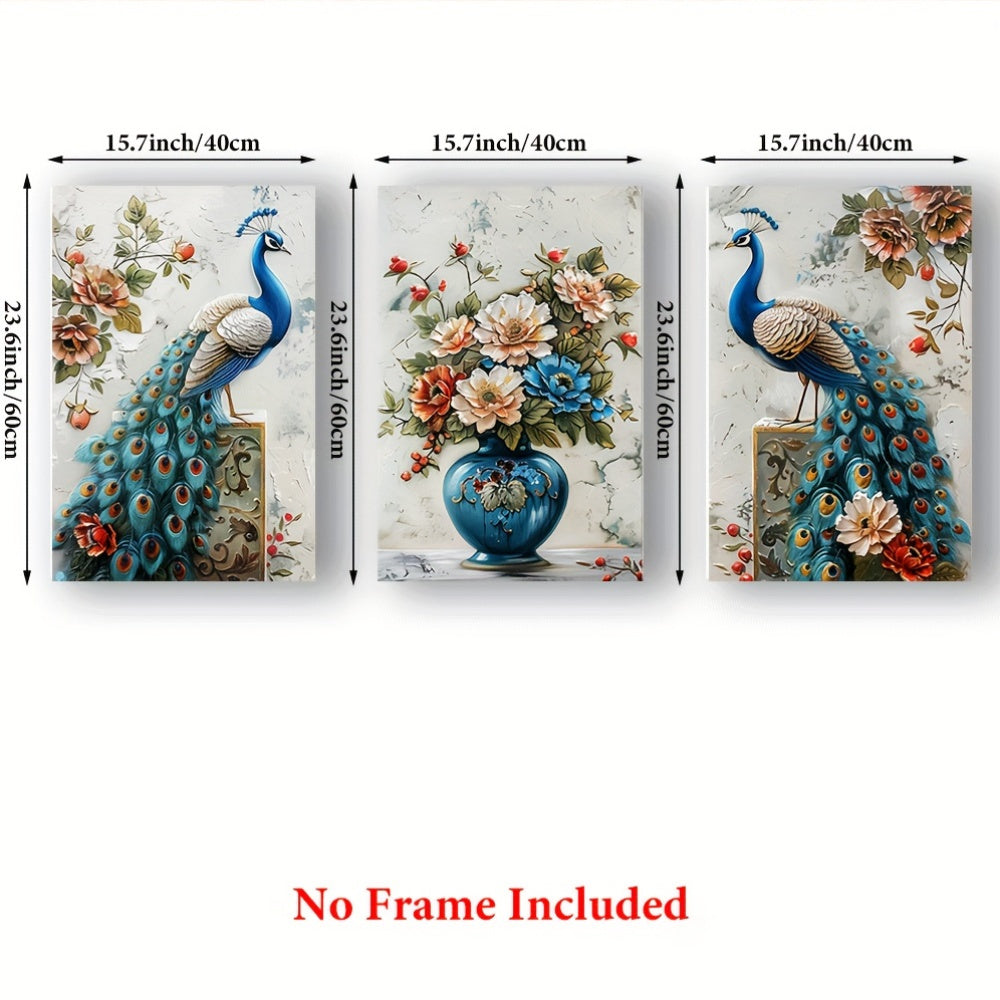 3 Piece Canvas Wall Art Set - Peacock with Floral Vase Print - Unframed High-Quality Canvas Painting - Frameless Wall Decoration for Living Room, Bedroom, Office, Cafe - Peacock Theme Wall Decor 24x16 inches