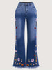 Women's Elegant Floral Embroidered Flared Jeans, High-Waisted Skinny Denim Pants with Raw Hem Detail