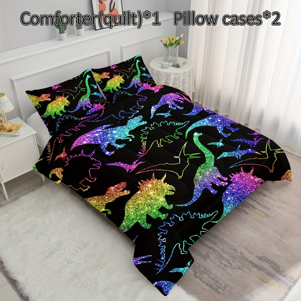 Rainbow Dinosaur Comforter Set Colorful Dino Bedding Cartoon Dinosaur With Shiny Glitter Bedding Set Bedroom Decor (1 Comforterr + 2 Pillowcases) Lightweight
