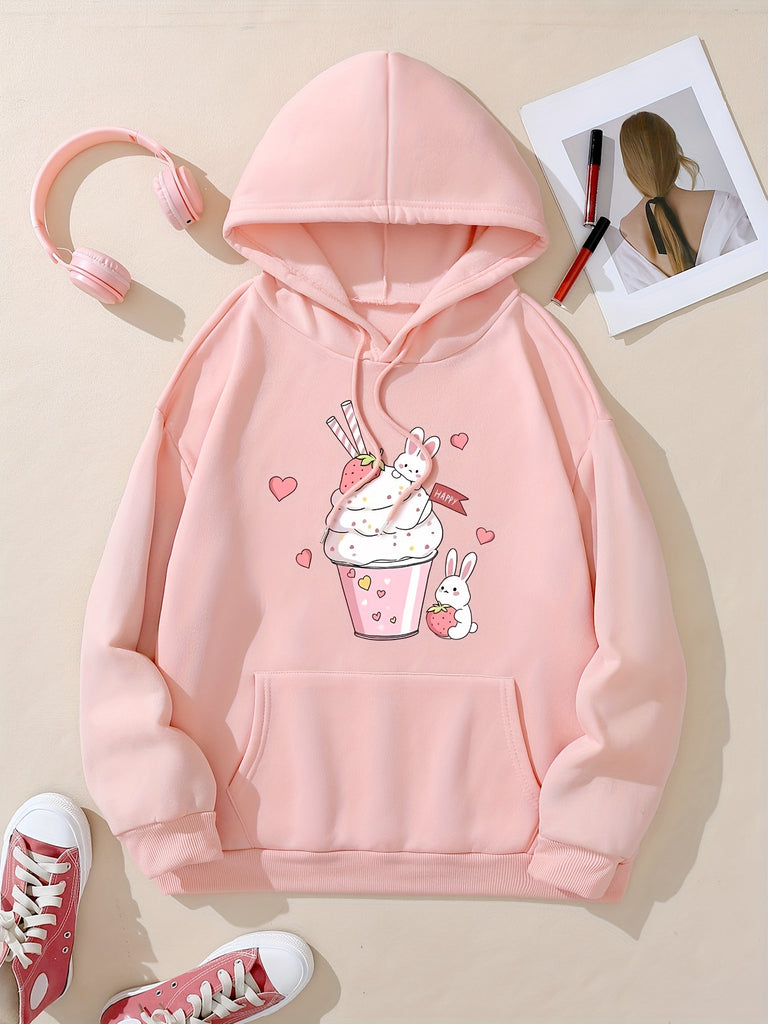 Women'S Casual Fashion Sweatshirt Strawberry Ice Cream Rabbit Pattern Print Kangaroo Pocket Sports Drawstring Hoodie