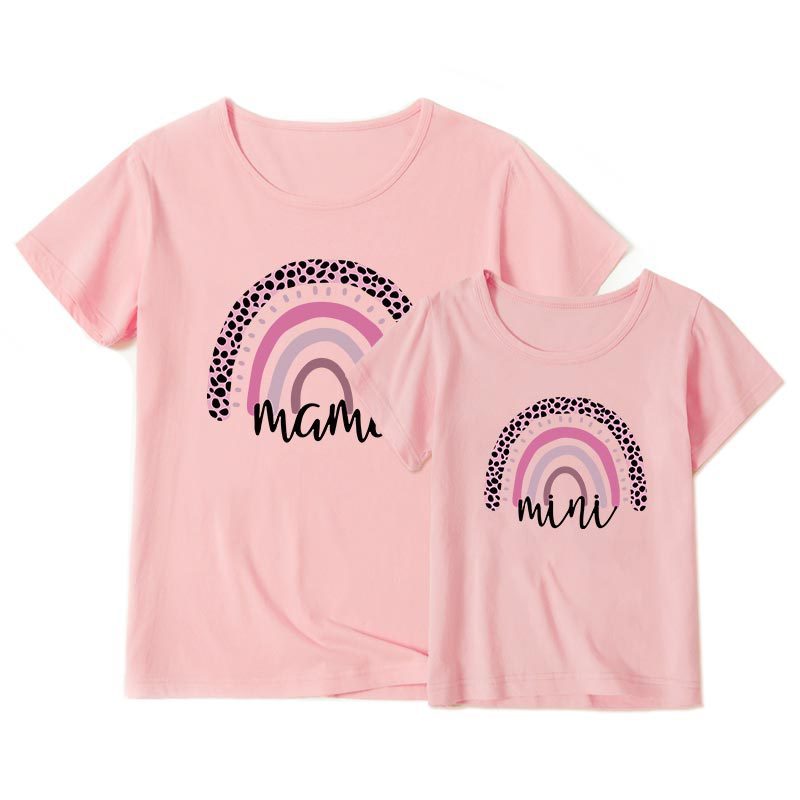 Cartoon Rainbow Mother And Daughter Short Sleeve T-shirt
